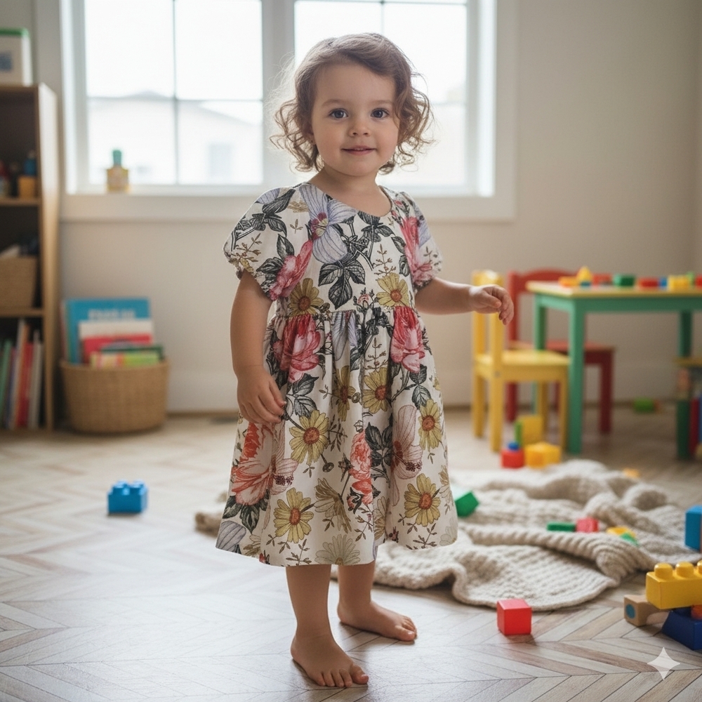 Vintage-Inspired Floral Girl's Dress Boho Garden Party Puff Sleeve Sundress 5-6Y